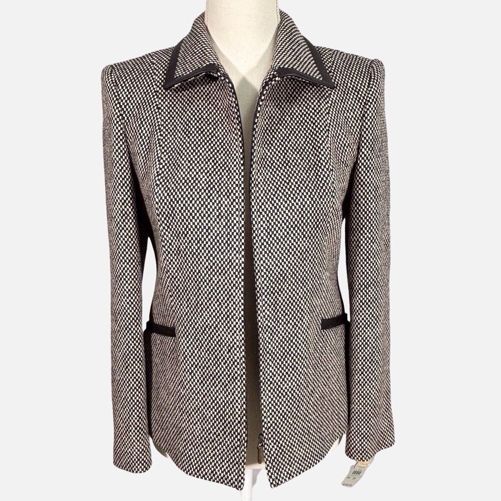 Talbots Italian Checkered Wool Tweed Blazer Size 2P Leather Trim Black White NWT